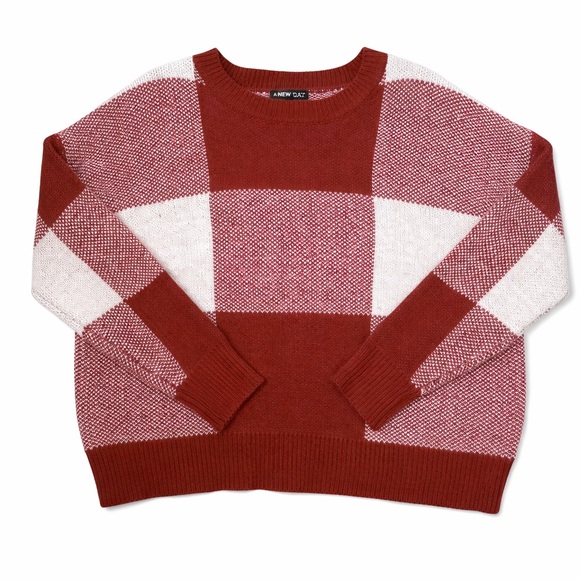 SHEIN Rust and Cream Buffalo Plaid Crewneck Sweater - Picture 2 of 2